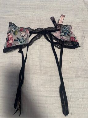 Victoria's Secret Black Lace Floral Garter Belt with Pink & Blue Accents